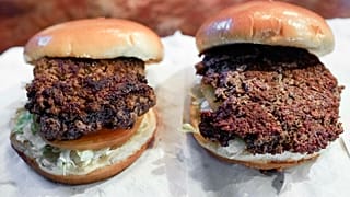 A conventional beef burger on the left and a plant-based burger containing wheat and potatoes protein, as well as coconut oil on the right