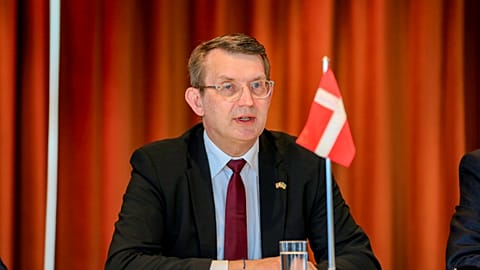 Denmark's Defence Minister Troels Lund Poulsen speaks during a press conference in Tórshavn on the Faroe Islands.