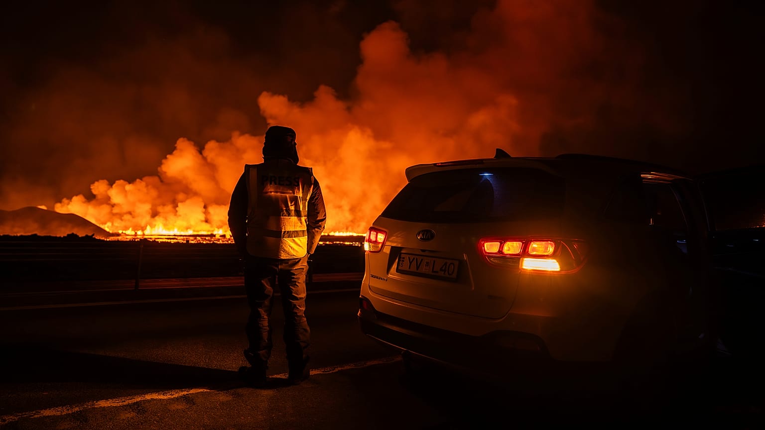 Un periodista observa la nueva erupción volcánica en la península de Reykjanes