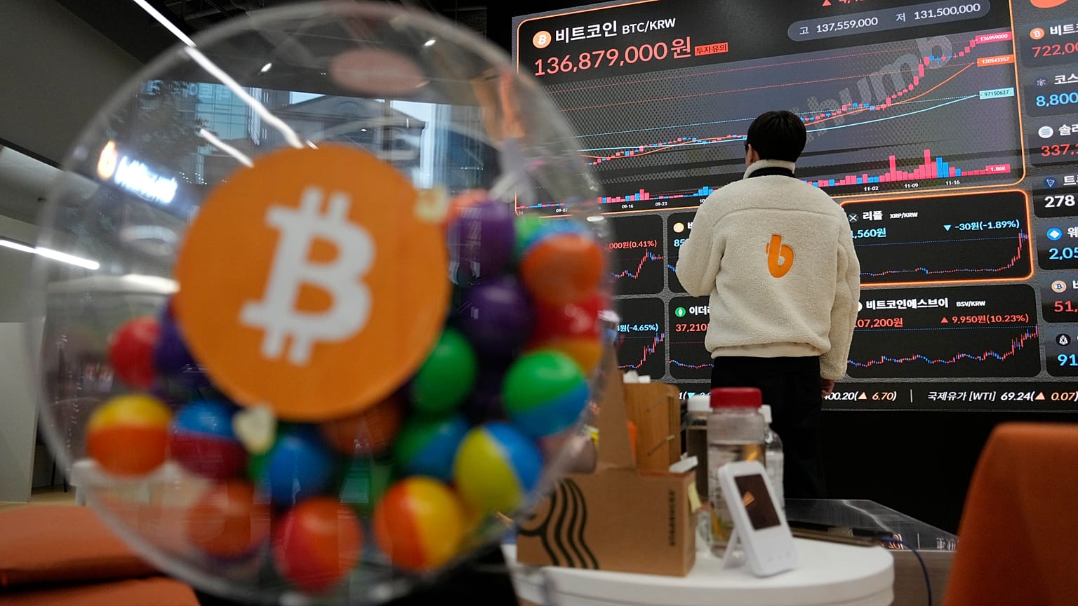 Funcionário observa painel eletrónico que exibe os preços da Bitcoin 