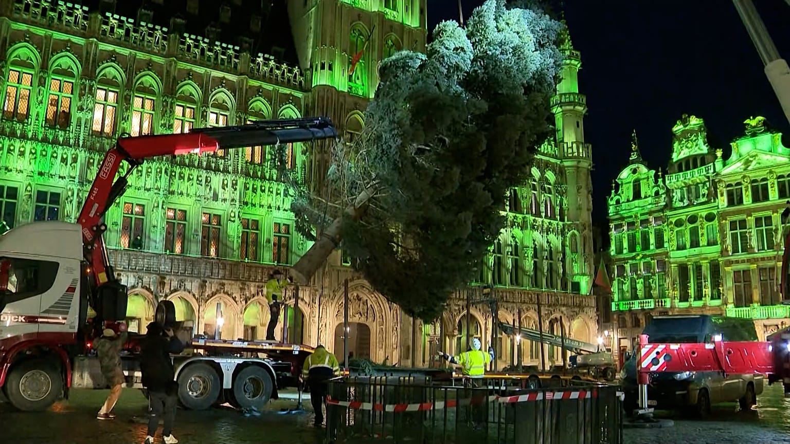 Trabajadores colocan un árbol de Navidad de 20 metros de altura en la Grand-Place de Bruselas