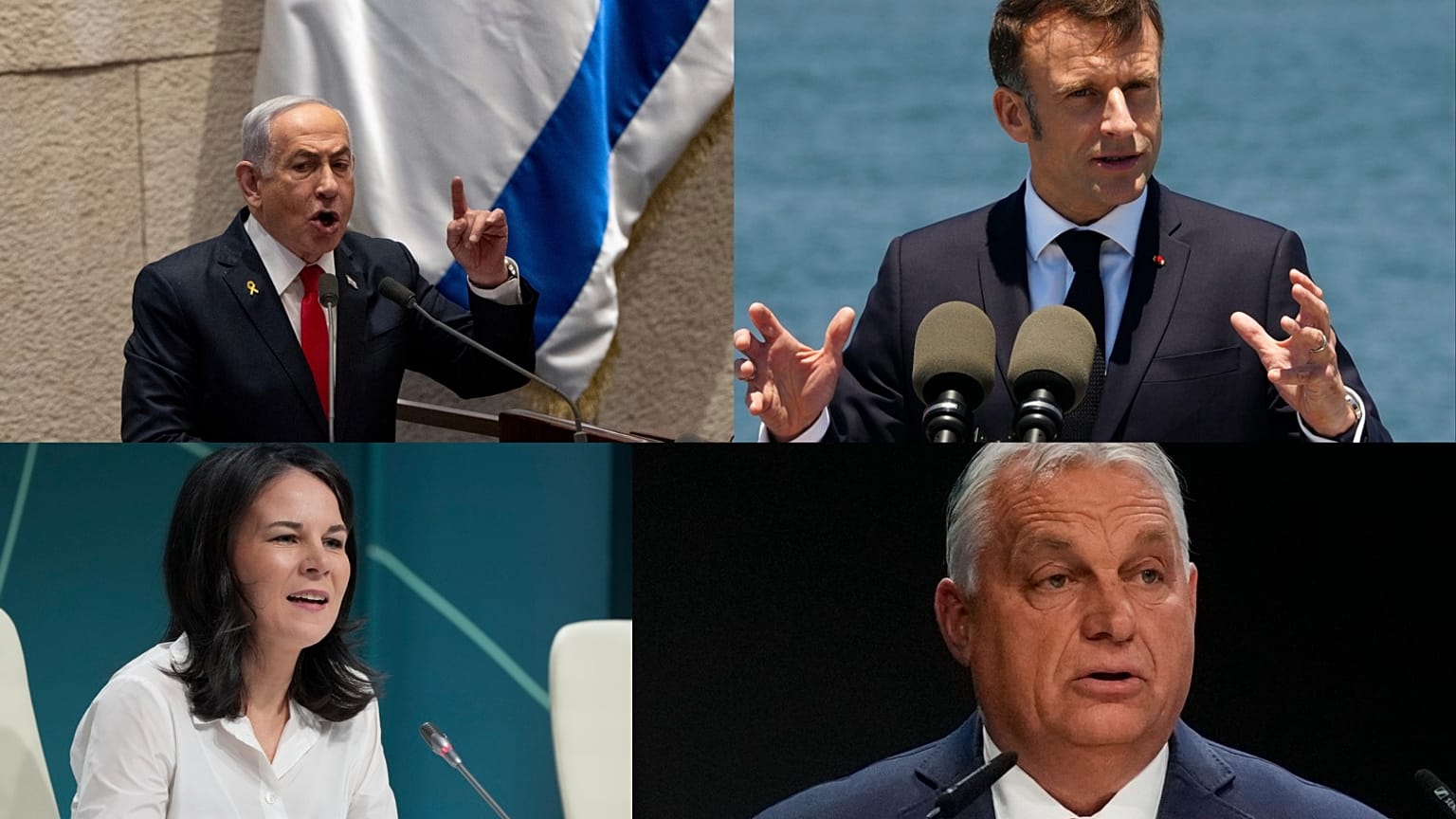رئيس الحكومة الإسرائيلية بنيامين نتنياهو،نظيره المجري فيكتور أوربان، الرئيس الفرنسي إيمانويل ماكرون، وزيرة الخارجية الألمانية أنالينا بيربوك