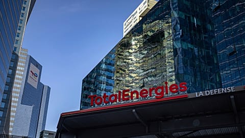 The logo of TotalEnergies is seen at an electric vehicle fuelling station in La Defense business district in Courbevoie near Paris, France, Wednesday, March 1, 2023.