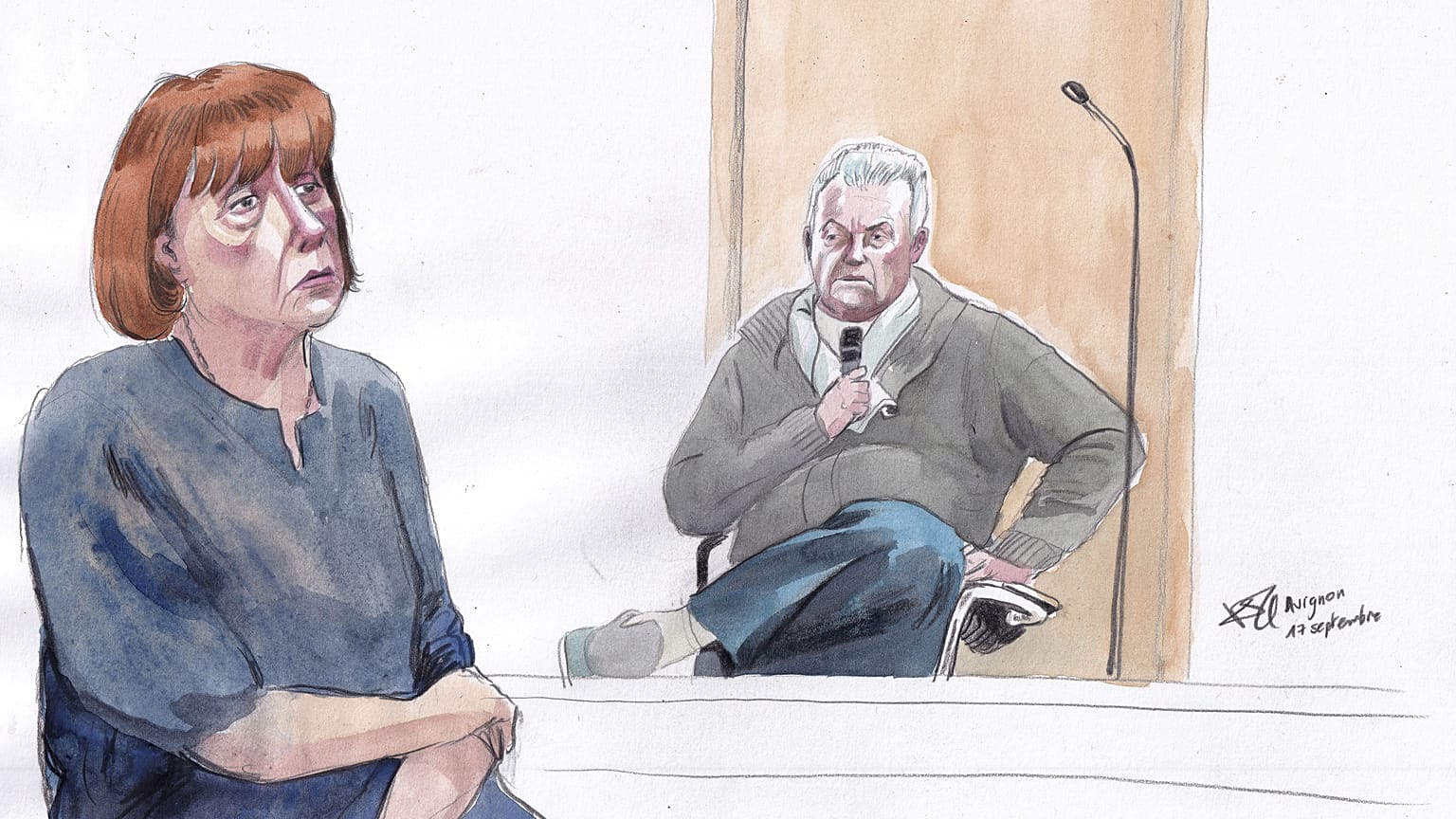 Croquis de Gisèle Pelicot et de son ex-mari Dominique Pelicot lors du procès des viols de Mazan, au palais de justice d'Avignon, dans le sud de la France, le 17 septembre 2024