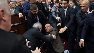 Schlägerei während einer Sitzung des serbischen Parlaments zwischen der Regierungspartei und den Abgeordneten der Opposition, Belgrad, Serbien, 25.11.2024
