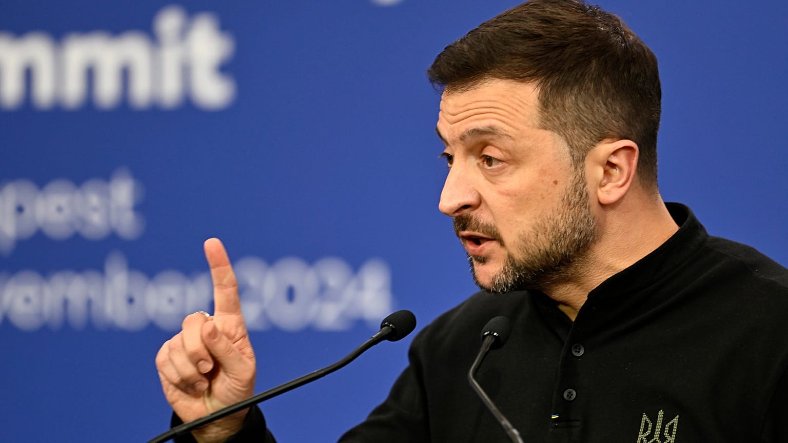 Ukraine's President Volodymyr Zelenskyy speaks during a press conference during the EPC Summit at the Puskas Arena in Budapest , Hungary, Thursday, Nov. 7, 2024.