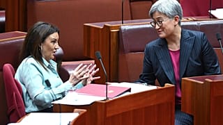 La sénatrice Jacqui Lambie s'adresse à la ministre australienne des Affaires étrangères, Penny Wong, au Parlement de Canberra, en Australie, le jeudi 28 novembre 2024.