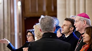 French President Emmanuel Macron, third right, Paris Archbishop Laurent Ulrich and Mayor Anne Hidalgo visit the renovated Notre-Dame de Paris, 29 November 2024