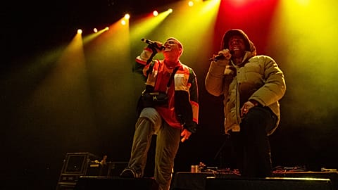 Moglai Bap, left, and Mo Chara of Kneecap perform on Sunday, March 17, 2024, in Boston.