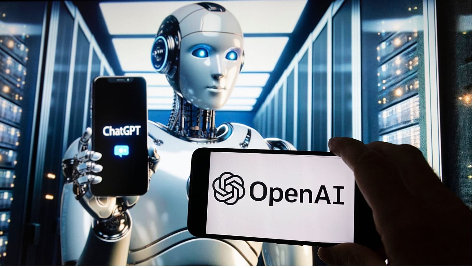 لوگوی OpenAI روی صفحه یک تلفن همراه در مقابل تصویری بر روی صفحه یک کامپیوتر که توسط مدل تبدیل متن به تصویر Dall-E  ایجاد شده است،