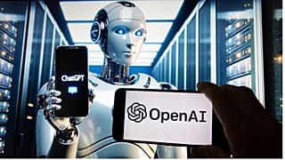 لوگوی OpenAI روی صفحه یک تلفن همراه در مقابل تصویری بر روی صفحه یک کامپیوتر که توسط مدل تبدیل متن به تصویر Dall-E  ایجاد شده است،