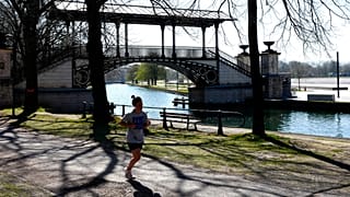 A woman exercises in Lille, France, in April 2020.
