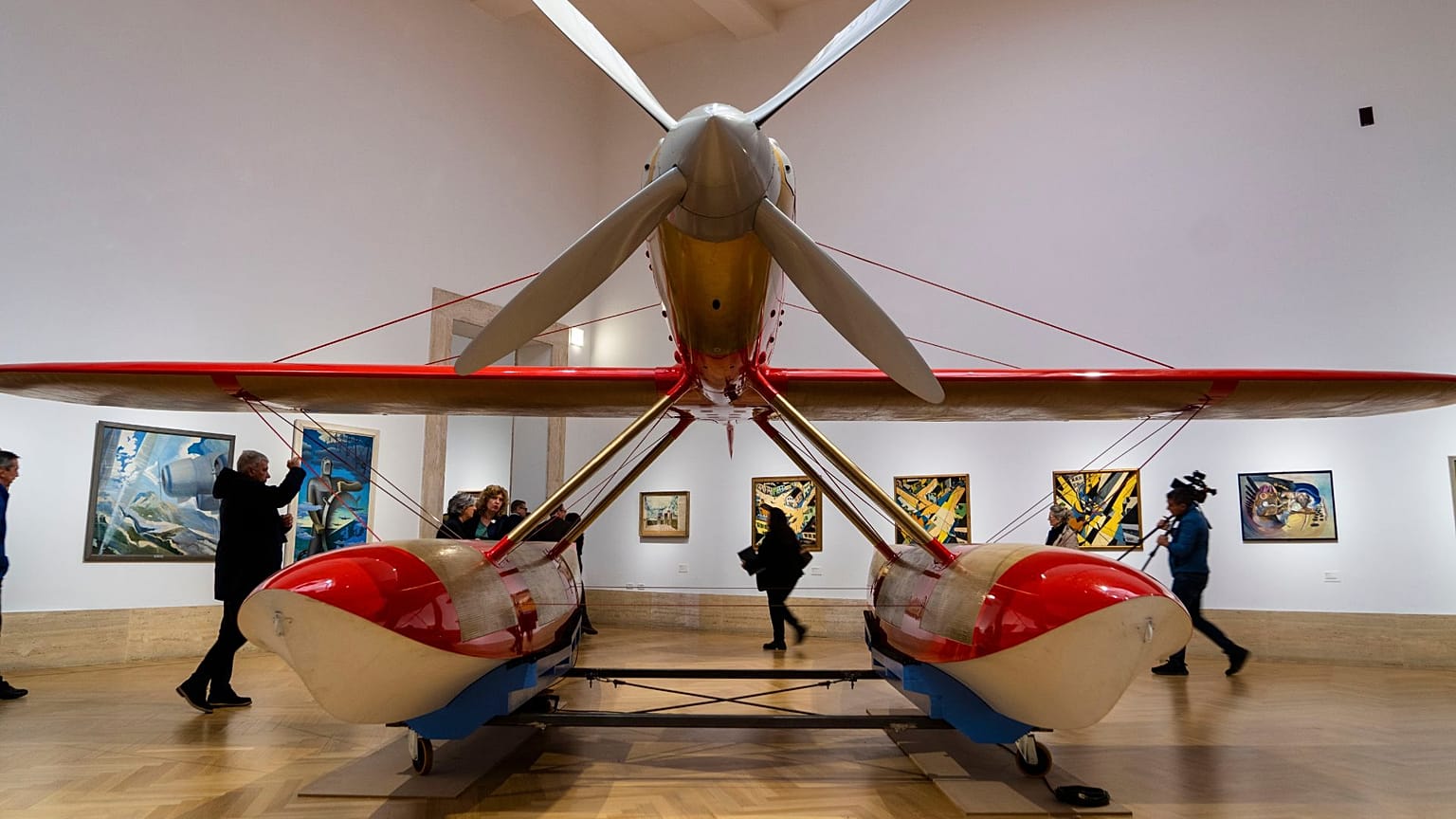 A replica of the Macchi Castoldi MC.72, which set a world speed record for piston-engine seaplanes in 1934, is on display at the Time of Futurism exhibition in Rome