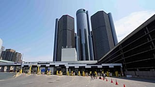 General Motors' world HQ, the Renaissance Center, near the Detroit-Windsor tunnel plaza in Detroit