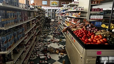 Drinks and other food items are toppled on the floor inside Hoby's Market and Deli in Scotia after a magnitude 7.0 earthquake, 5 December, 2024