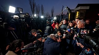Calin Georgescu independent candidate in the presidential elections speaks to media, in Izvorani, Romania, Tuesday, Nov. 26, 2024.