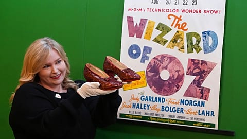The original ruby slippers worn by Judy Garland in the classic 1939 film The Wizard of Oz being displayed in London ahead of the auction.