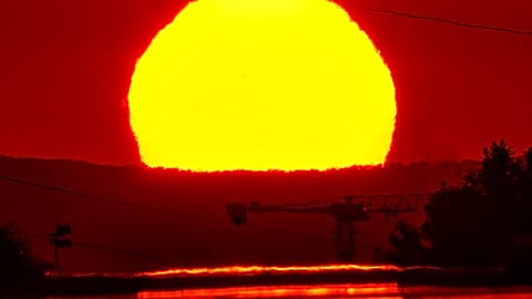 The rising sun is reflected on a small road in the outskirts of Frankfurt, Germany, Saturday, July 2, 2022