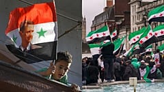 Un garçon syrien tient un drapeau de l'État sur son balcon à Damas, le 13 août 2018 /  Rassemblement à Trafalgar Square, à Londres, le 8 décembre 2024.