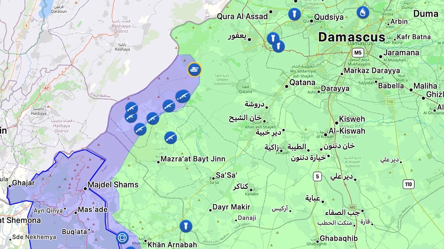 İsrail'in Suriye işgalinde son durum (Ekran görüntüsü Liveuamap'ten alınmıştır)