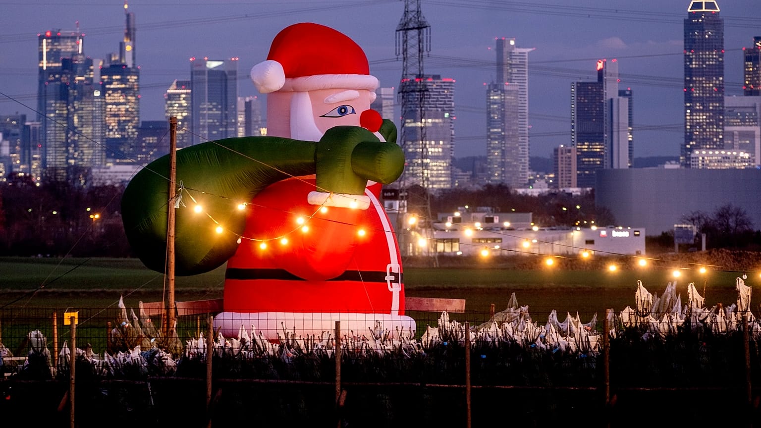 An inflatable Santa at a Christmas market on the outskirts of Frankfurt