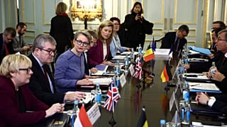 Britain's Home Secretary Yvette Cooper, 3rd left, chairs a meeting of European ministers and agencies at Carlton Gardens in London, Tuesday, 10 December 2024.