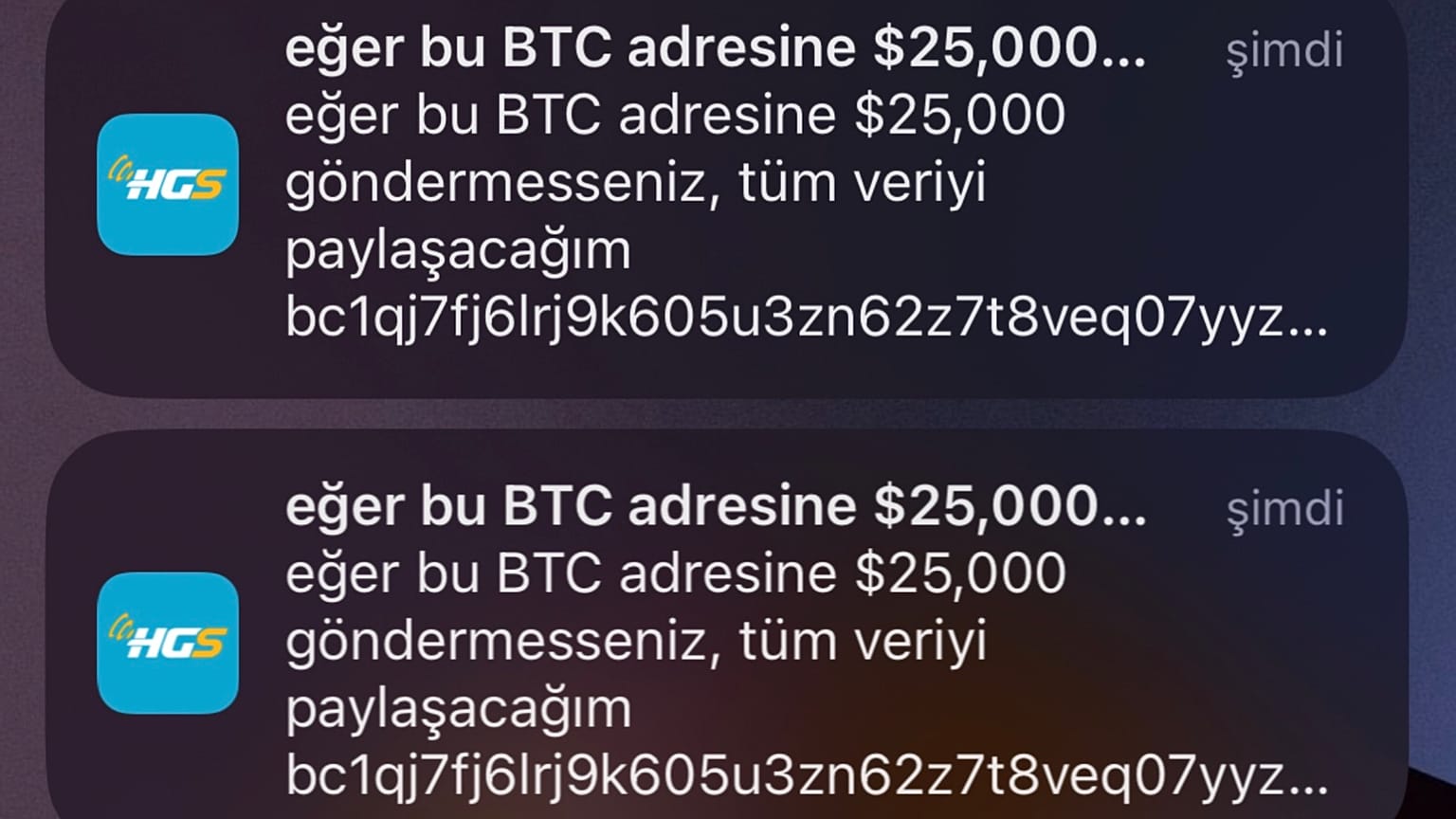 HGS'nin uygulamasından gönderilen bildirimler