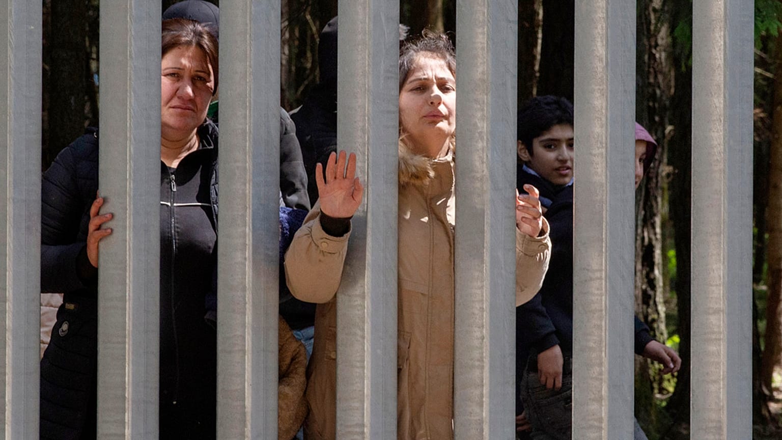 مجموعة مكونة من حوالي 30 مهاجرًا يطلبون اللجوء في بيالوفيزا، بولندا، يوم الأحد 28 مايو 2023 عبر جدار بنته بولندا على حدودها مع بيلاروسيا لوقف الضغط الهائل على المهاجرين