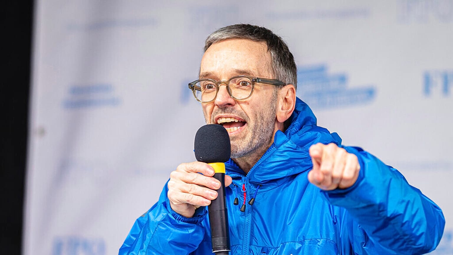 Leader of the Austrian freedom party, Herbert Kickl speaks during a demonstration against measures to battle the coronavirus pandemic in Vienna, Austria, 2021.