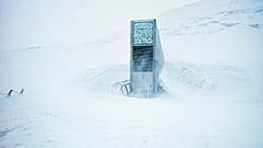 Le bâtiment du portail et l'entrée de la chambre forte des semences par une journée d'hiver.