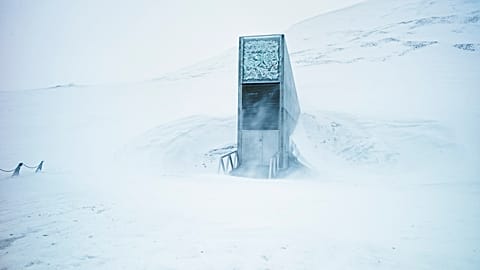The portal building and the entrance of the Seed Vault on a winterly day