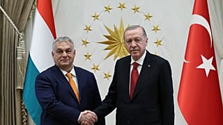 Cumhurbaşkanı Recep Tayyip Erdoğan, Macaristan Başbakanı Viktor Orban ile el sıkışıyor, Ankara, 12 Aralık 2024.
