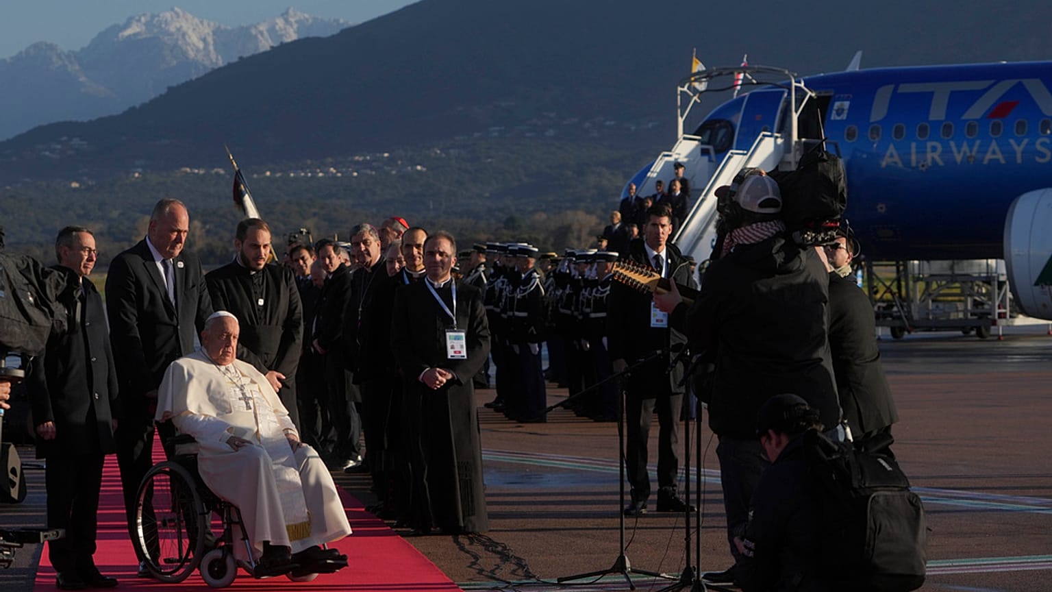 Pope Francis arrives for a one-day visit to Ajaccio on the French island of Corsica, Sunday, Dec.15, 2024.