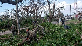 Francia katonák kidőlt fákat távolítanak el Mayotte tengerentúli területén, 2024. december 15.