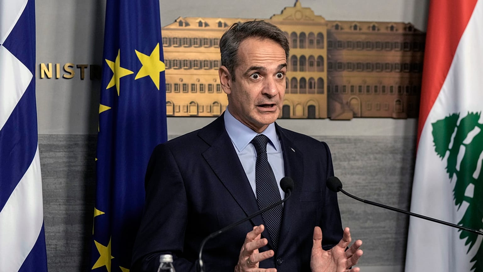Greek Prime Minister Kyriakos Mitsotakis speaks during a joint press conference with Lebanese caretaker Prime Minister Najib Mikati, at the government palace in Beirut.