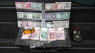 File picture of current and pre-revolution Iranian banknotes and foreign currencies are displayed by a vendor in the commercial district of Tehran