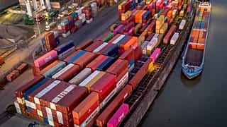 Multi-coloured containers seen in Frankfurt harbour