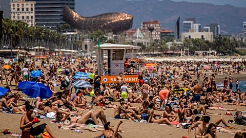 People sunbathe on the beach in Barcelona, Spain