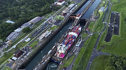A cargo ship traverses the Agua Clara Locks of the Panama Canal, 2 September, 2024