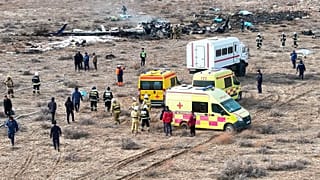 The wreckage of Azerbaijan Airlines Embraer 190 lays on the ground near the airport of Aktau, 25 December 2024