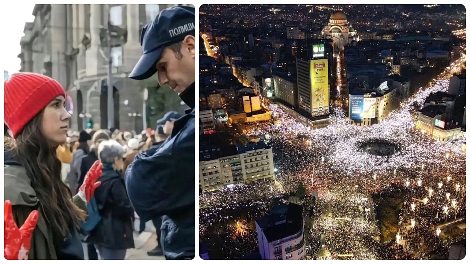 Egy diák és egy rendőr néma párbaja; tömeg a belgrádi főtéren, a Slaviján, 2024. december 22-én