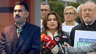 PKK lideri Abdullah Öcalan (solda) ve DEM Parti Grup Başkan Vekilleri Gülistan Koçyiğit ile Sezai Temelli