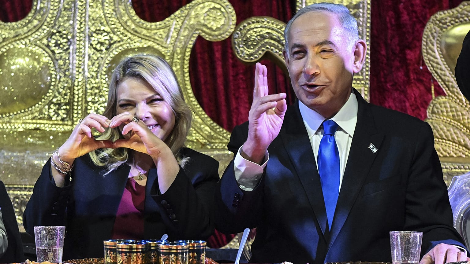 Israeli Prime Minister Benjamin Netanyahu and his wife Sara celebrate the Mimouna at the end of the Jewish holiday of Passover, 12 April, 2023