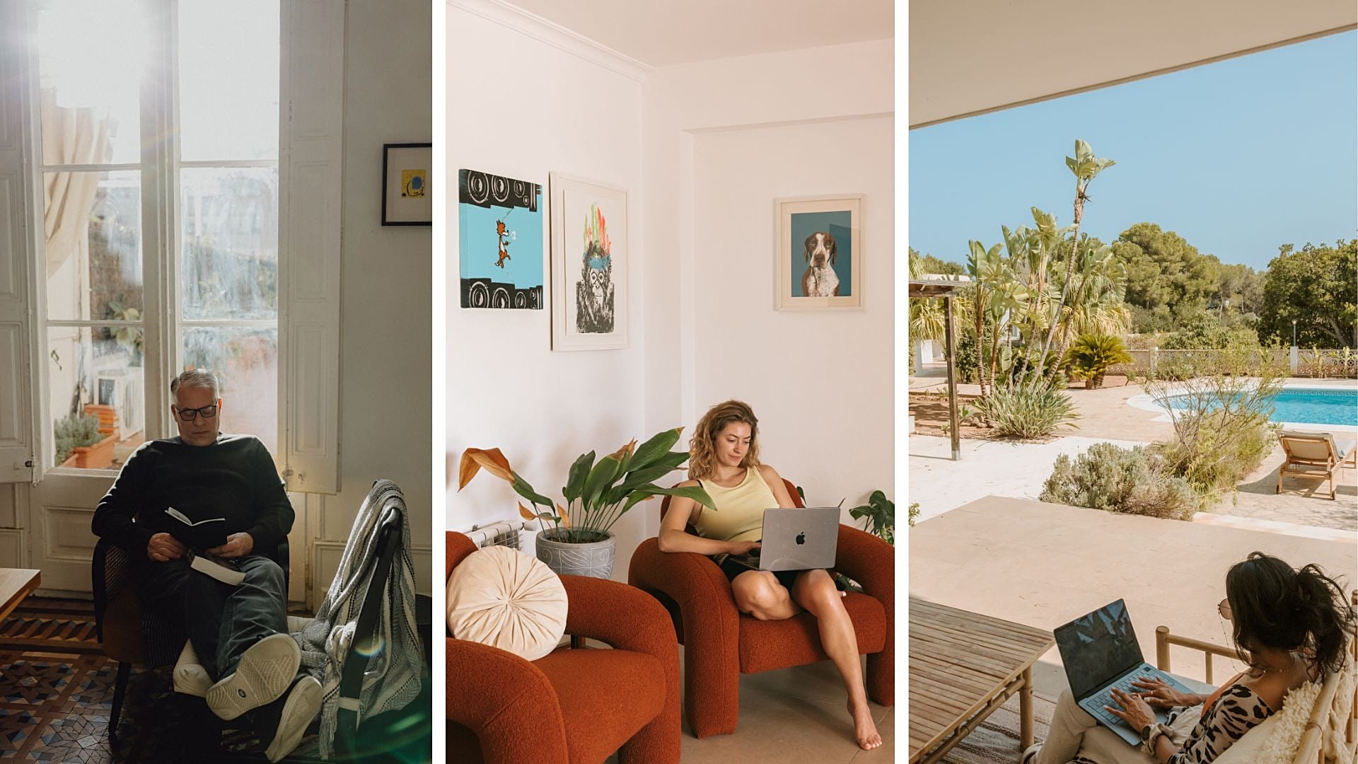 Les membres de l'échange de maisons assis dans leur maison d'accueil