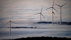 Turbiny wiatrowe otoczone mgłą w regionie Taunus w pobliżu Frankfurtu w Niemczech, 10.11.2024
