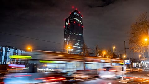 A tram passes the European Central Bank in Frankfurt, Germany