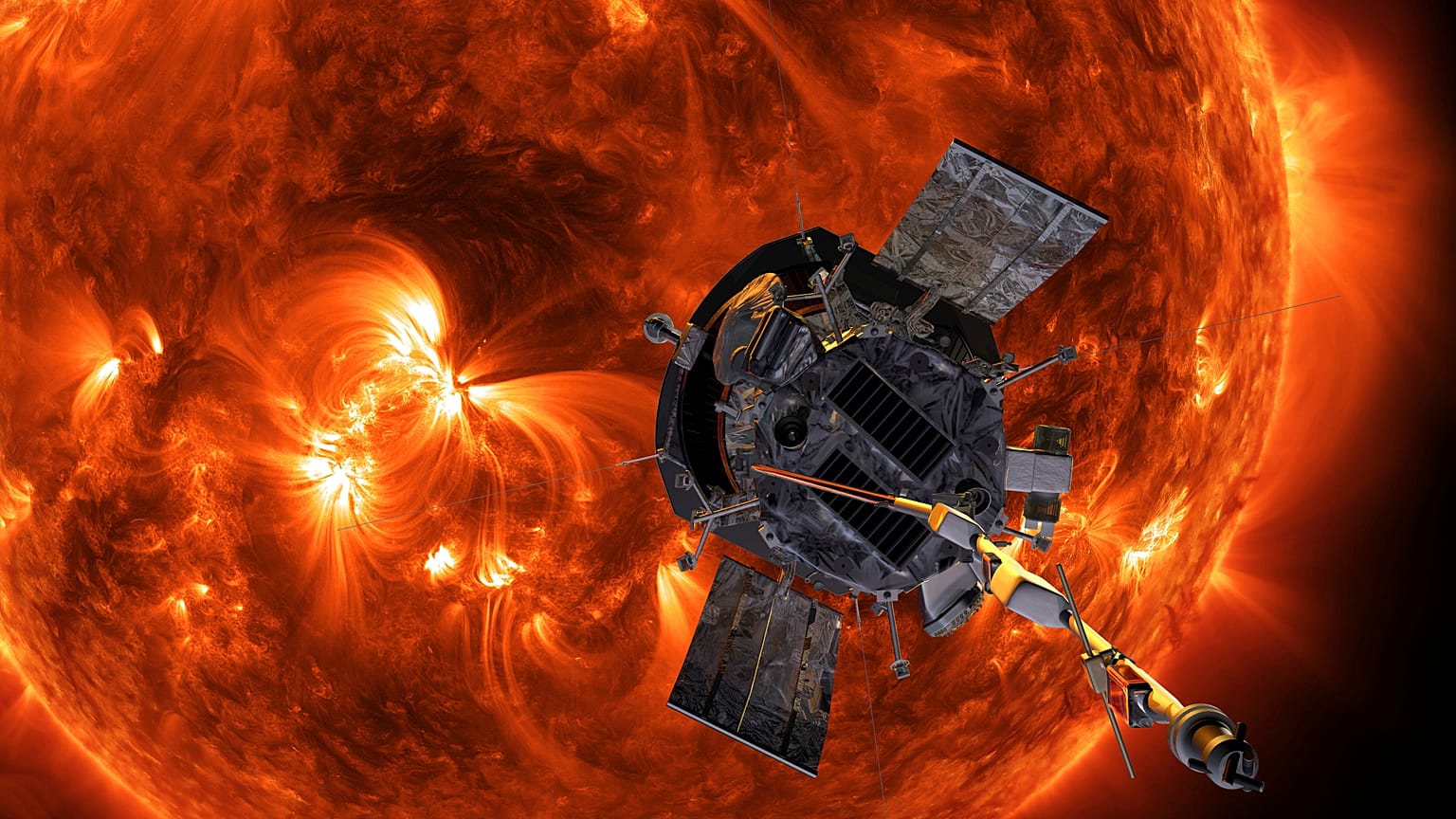 Μια καλλιτεχνική απεικόνιση του Parker Solar Probe που πλησιάζει τον Ήλιο από τη NASA