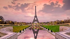The Eiffel Tower at sunrise in Paris, France. 
