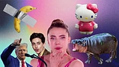 Donald Trump, the famous duct-taped banana, Timothée Chalamet, Margaret Qualley in 'The Substance', Hello Kitty and Moodeng the hippo. 