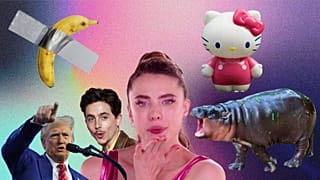 Donald Trump, the famous duct-taped banana, Timothée Chalamet, Margaret Qualley in 'The Substance', Hello Kitty and Moodeng the hippo. 